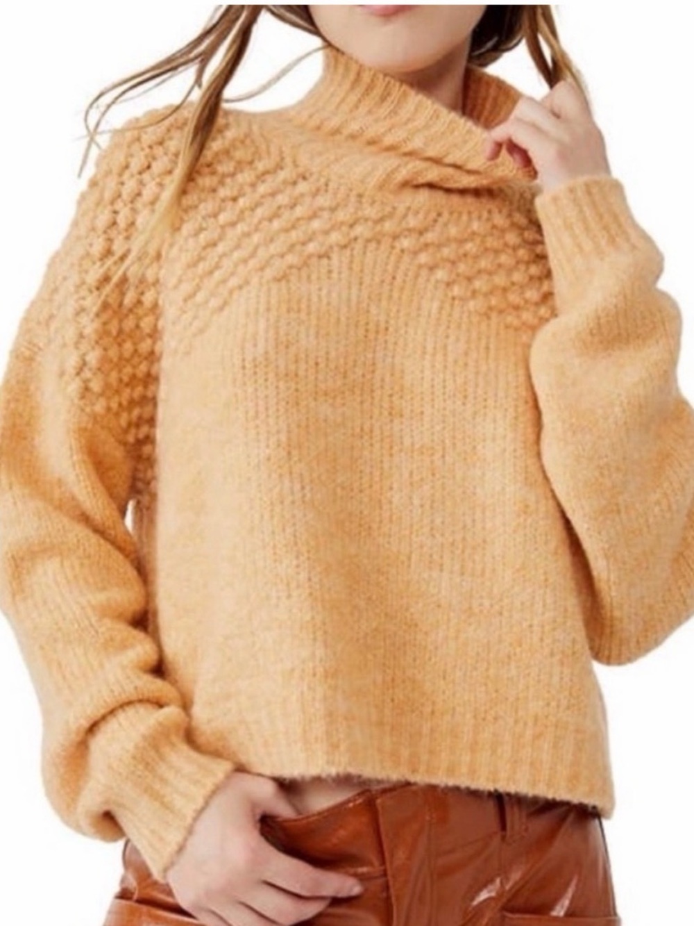 NWT Free People Textured Mock Neck Sweater in Camel Heather